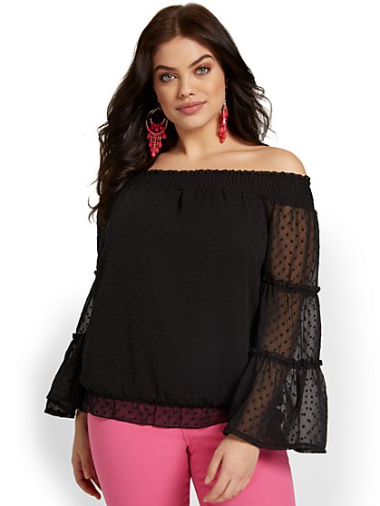 Off-The-Shoulder Dot-Detail Blouse - New York & Company