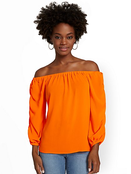 Off-The-Shoulder Ruched-Sleeve Top - New York & Company