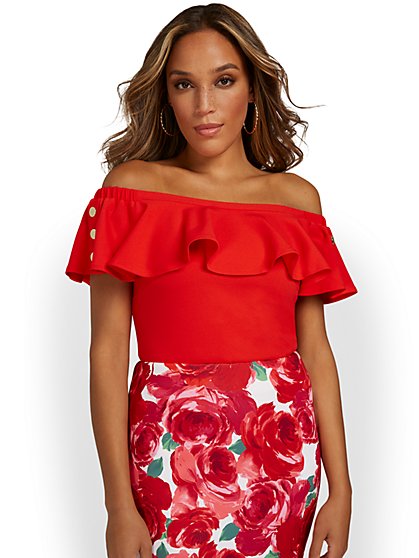 Off-The-Shoulder Ruffle Knit Top - New York & Company