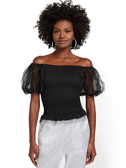 Off-The-Shoulder Tulle-Sleeve Blouse - New York & Company