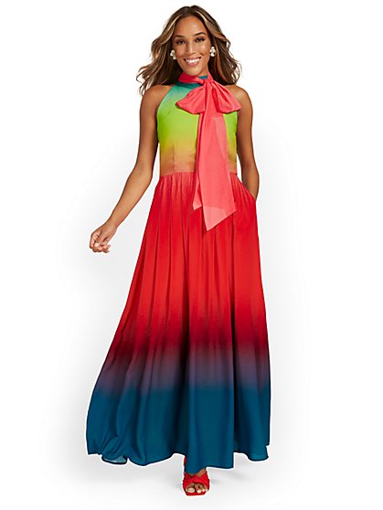 Ombre Halterneck Bow-Front Maxi Dress - New York & Company