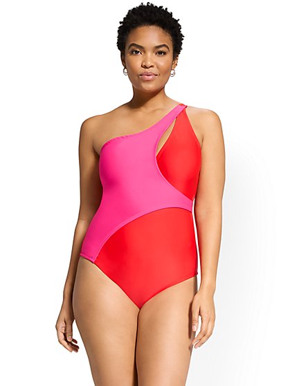 One-Shoulder Colorblock Cut-Out One-Piece Swimsuit - NY&C Swimwear - New York & Company