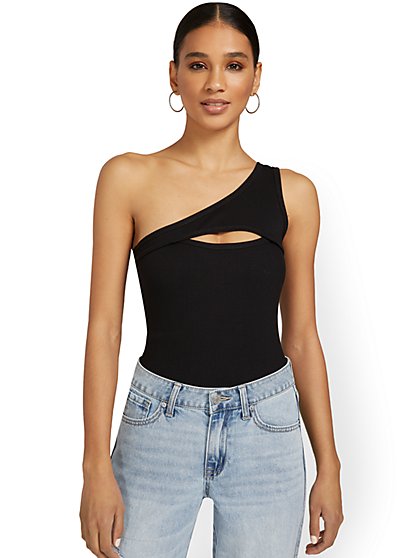 One-Shoulder Ribbed Cut-Out Bodysuit - New York & Company