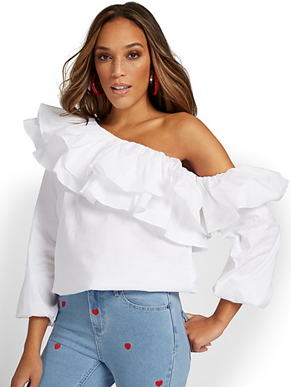 One-Shoulder Ruffle Poplin Shirt - New York & Company