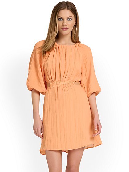 Open-Back Textured Puff-Sleeve Dress - 4Sienna - New York & Company