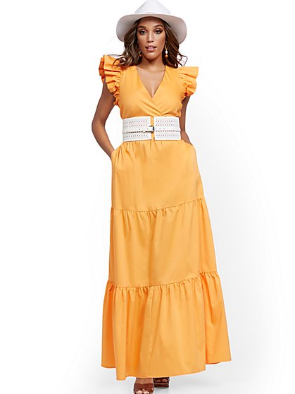 Orange Ruffle-Sleeve Poplin Maxi Dress