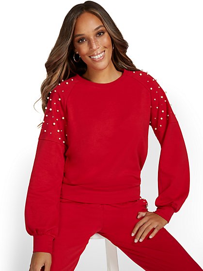 Pearl-Embellished Balloon-Sleeve Pullover - New York & Company