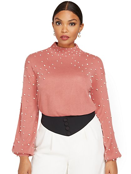 Pearl-Embellished Mock-Neck Pullover Sweater - New York & Company