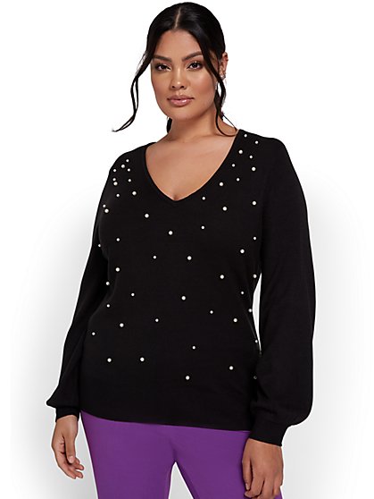 Pearl-Embellished Pullover Sweater - New York & Company