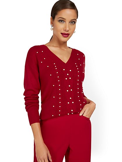 Pearl-Embellished V-Neck Pullover Sweater - New York & Company
