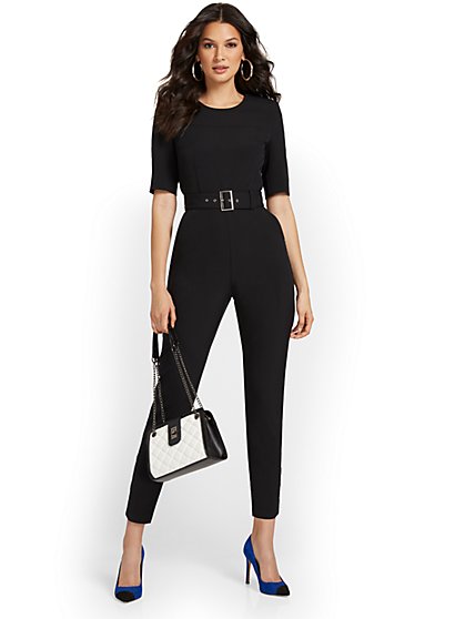 Petite Ankle Button-Detail Belted Jumpsuit - New York & Company