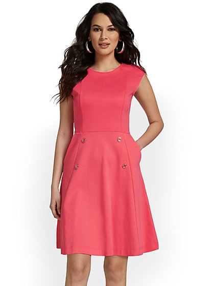 Petite Button-Front Flare Dress - City Knits - New York & Company