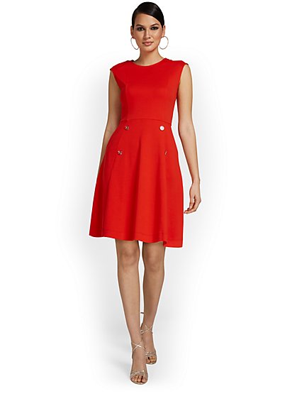 Petite Button-Front Flare Dress - City Knits - New York & Company