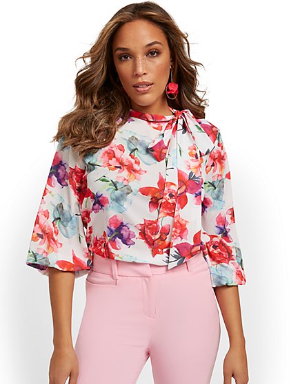 Petite Floral-Print Button-Front Bow-Neck Blouse - New York & Company