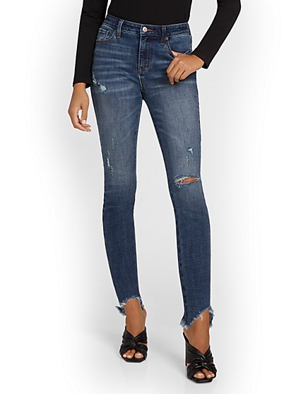 Petite Lexi Mid-Rise Super-Skinny Distressed Ankle Jeans - Dark Blue Wash - New York & Company