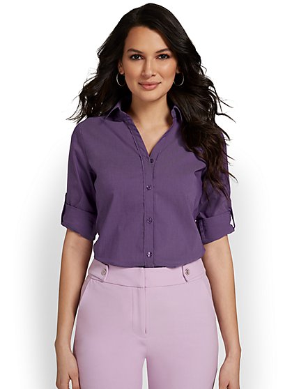 Petite Madison Piped Button-Front Secret Snap Shirt - New York & Company