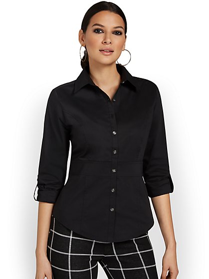 Petite Madison Roll-Sleeve Button-Front Waist-Panel Secret Snap Shirt - New York & Company