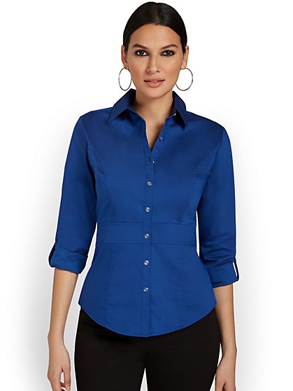 Petite Madison Roll-Sleeve Button-Front Waist-Panel Secret Snap Shirt - New York & Company