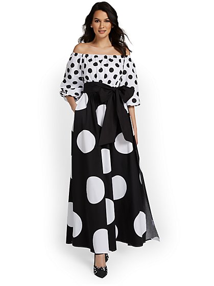 Petite Polka-Dot Off-The-Shoulder Maxi Dress - New York & Company