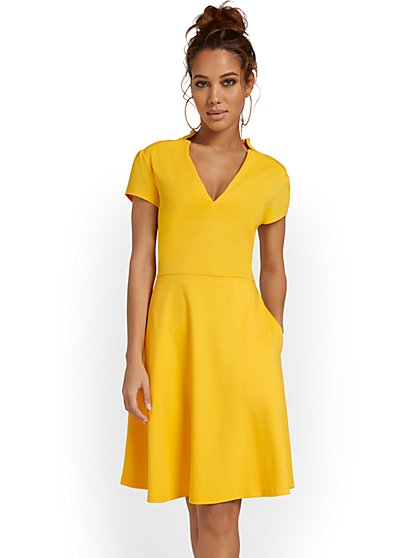 Petite Split-Neck Puff-Sleeve Flare Dress - City Knits - New York & Company