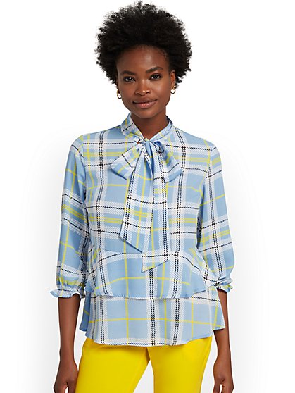 Plaid Bow-Front Babydoll Blouse - New York & Company