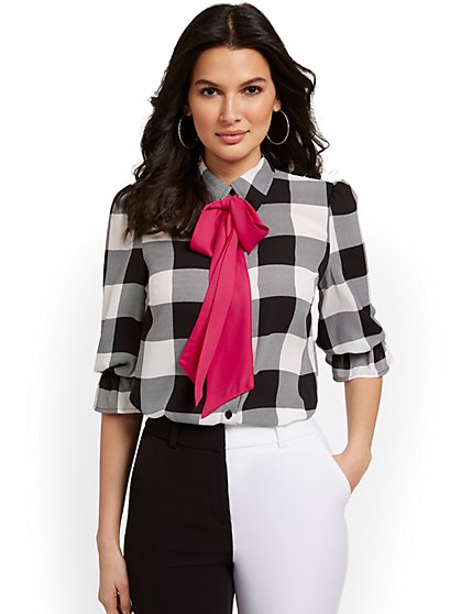 Plaid Contrast Bow-Neck Blouse - New York & Company