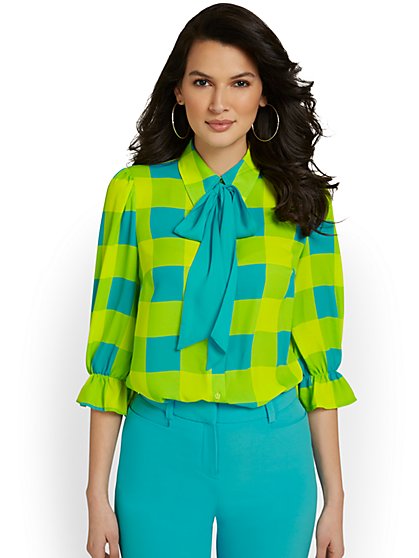 Plaid Contrast Bow-Neck Blouse - New York & Company