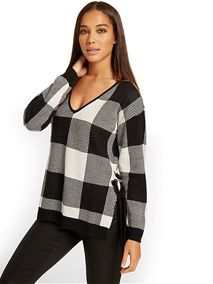 Plaid Lace-Up Side Tunic Sweater - New York & Company