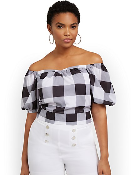 Plaid Off-The-Shoulder Tie-Back Blouse - New York & Company