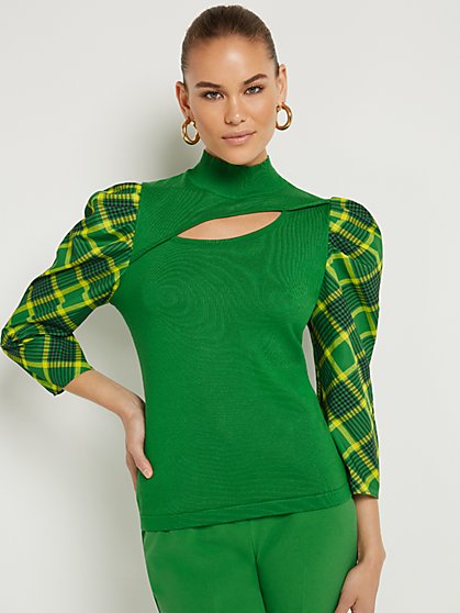 Plaid-Sleeve Mockneck Sweater - New York & Company