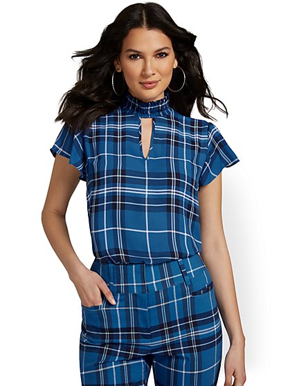 Plaid Smock-Neck Cut-Out Blouse - New York & Company