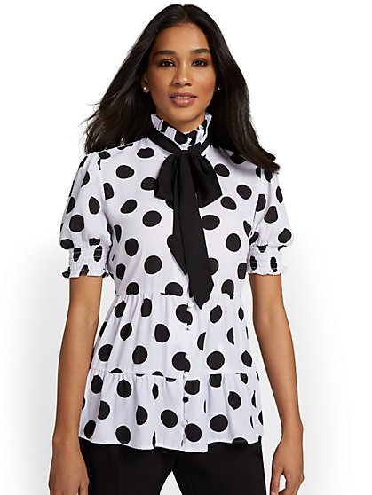 Polka-Dot Bow-Front Tiered Blouse - New York & Company