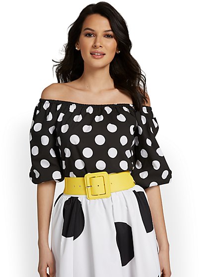 Polka-Dot Off-The-Shoulder Poplin Shirt - New York & Company