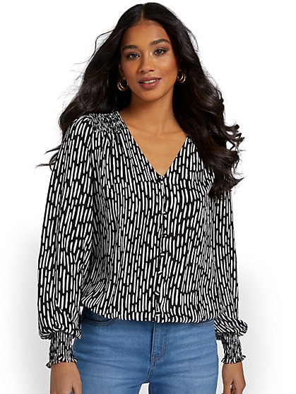 Printed Banded Button-Down Blouse - New York & Company