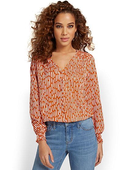 Printed Banded Button-Down Blouse - New York & Company