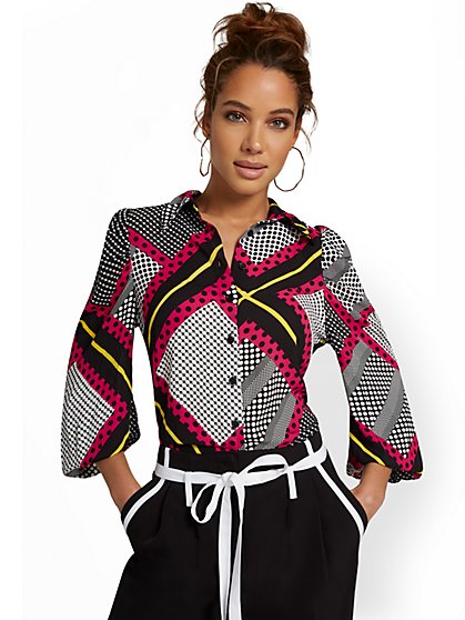 Printed Button-Front Blouse - New York & Company