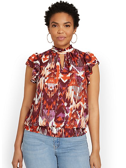 Printed Flutter-Sleeve Button-Back Blouse - New York & Company