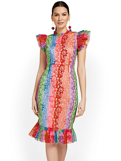 Printed Lace-Detail Ruffle Sheath Dress - New York & Company