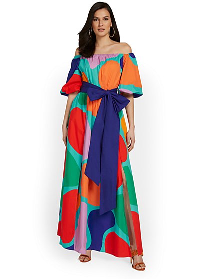 Printed Off-The-Shoulder Poplin Maxi Dress - New York & Company