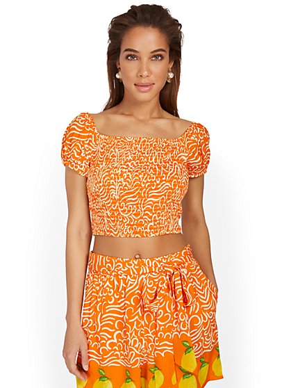 Printed Puff-Sleeve Cropped Top - New York & Company