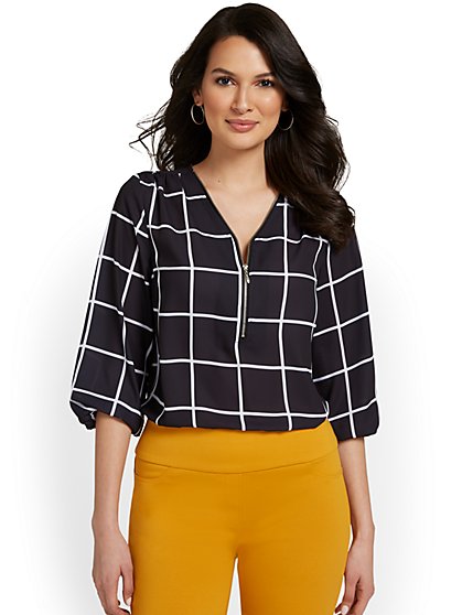 Printed Zip-Front Blouse - New York & Company