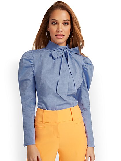 Puff-Sleeve Bow-Neck Chambray Top - New York & Company