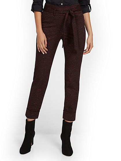Pull-On Leopard-Print Belted Straight-Leg Ankle Ponte Pant - Superflex - New York & Company