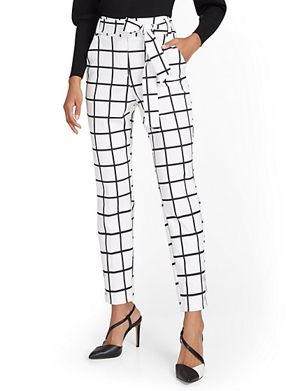 Pull-On Windowpane-Print Belted Ankle Ponte Pant - Superflex - New York & Company