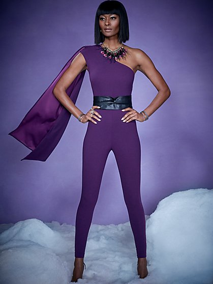 purple one shoulder jumpsuit