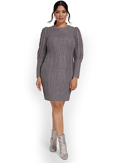 Rhinestone-Studded Cable-Knit Sweater Dress - New York & Company