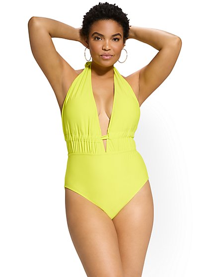 Ruched-Front Halterneck One-Piece Swimsuit - NY&C Swimwear - New York & Company