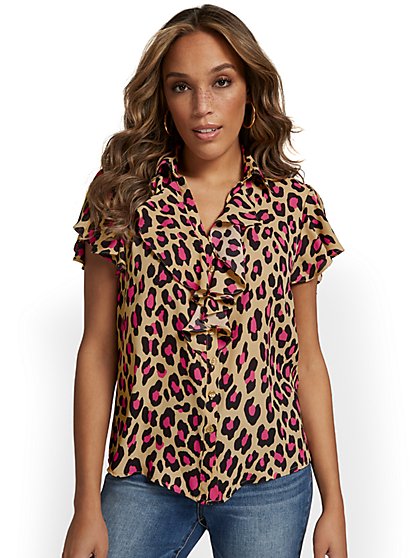 Ruffle Button-Front Blouse - Leopard-Print - New York & Company