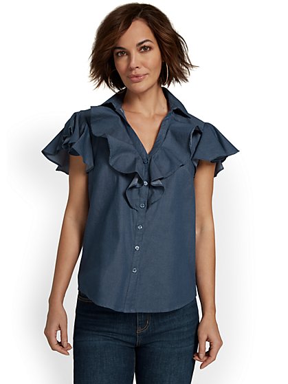 Ruffle-Front Button-Front Denim Top - New York & Company