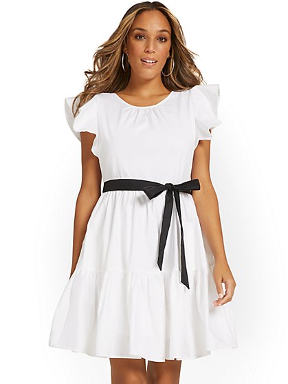 Ruffle-Sleeve Belted Poplin Dress - New York & Company